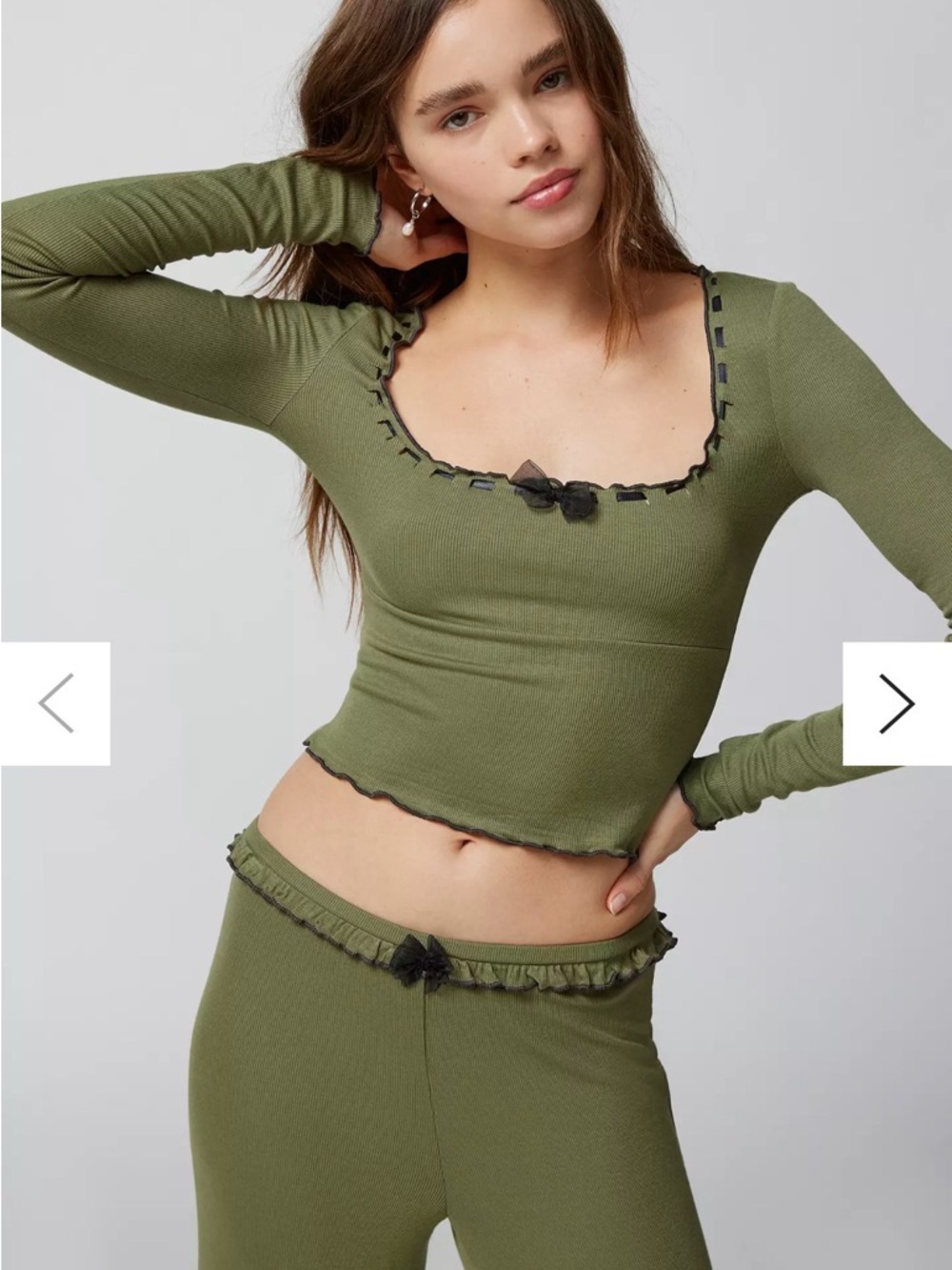 Urban Outfitters Olive Green Ribbed Long Sleeve Top Bow Trim NWT Size M